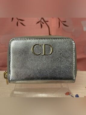 Christian Dior Lizard Embossed Zip Around Card Coin Mini Wallet Silver Metallic